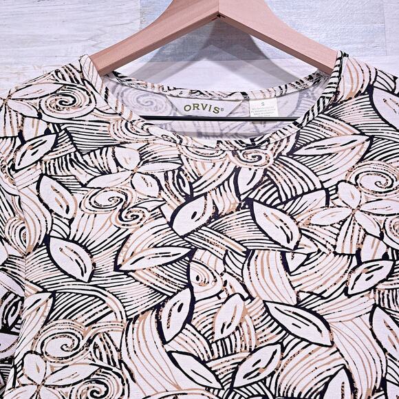 ORVIS Stretchy Ribbed Knit Top Beige Leaf Print Vintage Casual Womens Small - Picture 2 of 4